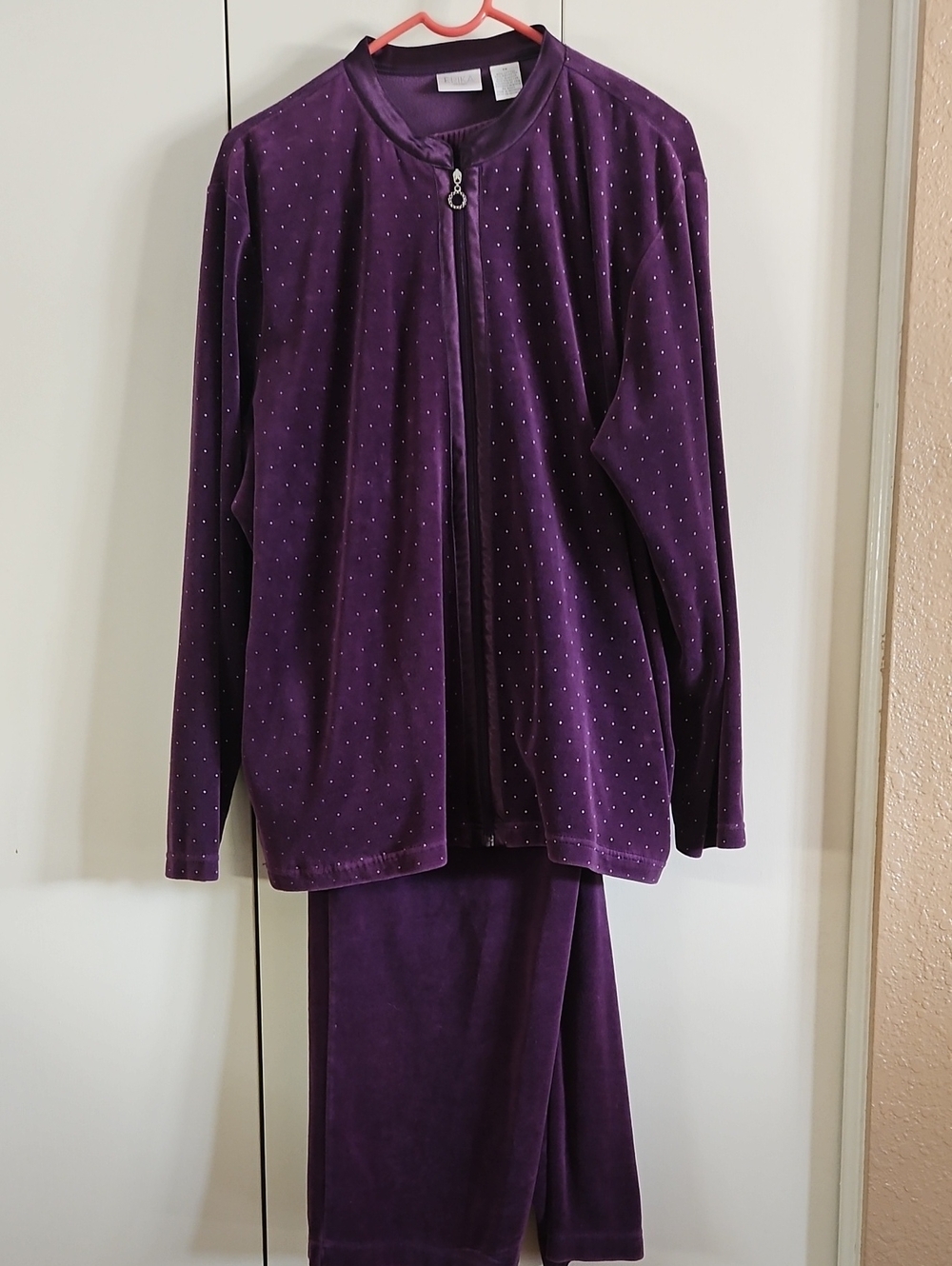 ERIKA.  Plum Velvet Zip-Front Set with Rhinestone-like Dots
